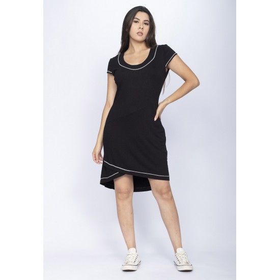 Vestido Mullet Malha Transpassado com Detalhe Branco Preto