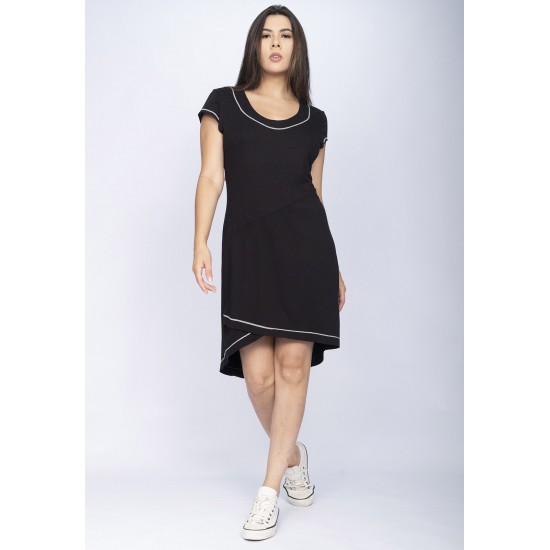 Vestido Mullet Malha Transpassado com Detalhe Branco Preto