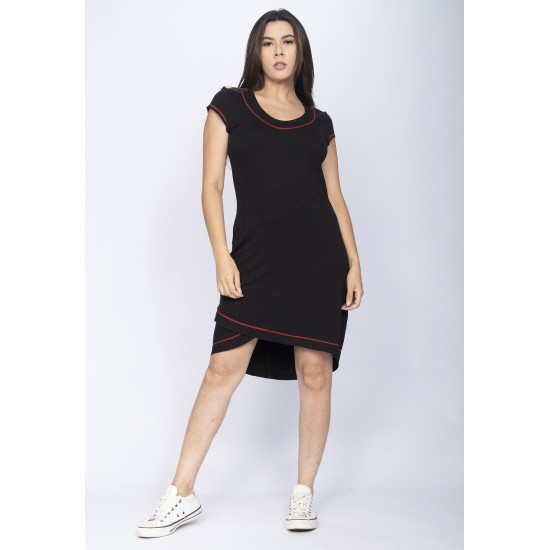 Vestido Mullet Malha Transpassado com Detalhe Vermelho Preto