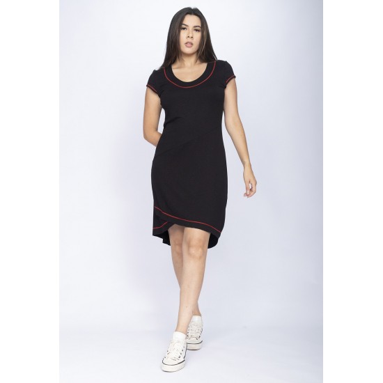 Vestido Mullet Malha Transpassado com Detalhe Vermelho Preto