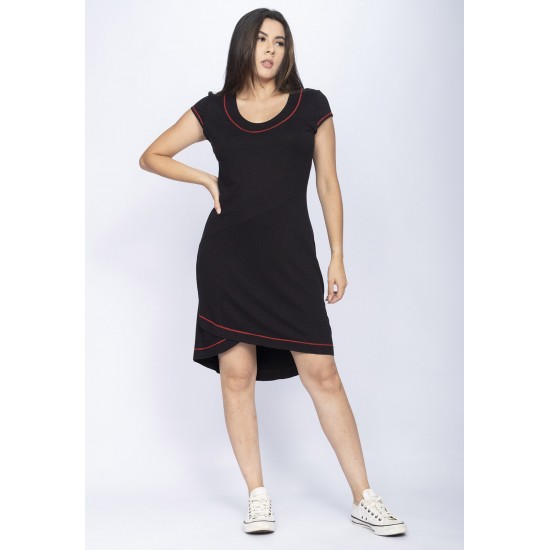 Vestido Mullet Malha Transpassado com Detalhe Vermelho Preto