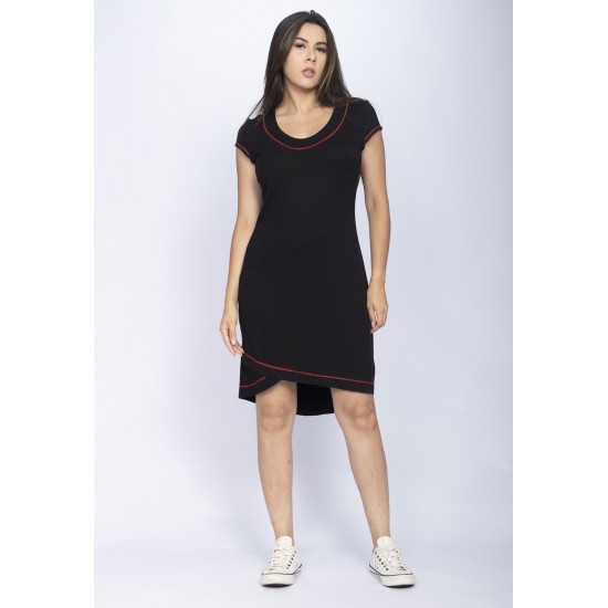Vestido Mullet Malha Transpassado com Detalhe Vermelho Preto