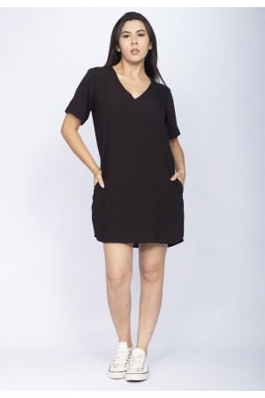 Vestido Curto Gola V Viscose com Bolso Preto