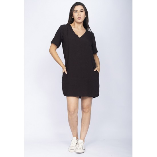 Vestido Curto Gola V Viscose com Bolso Preto