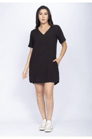 Vestido Curto Gola V Viscose com Bolso Preto