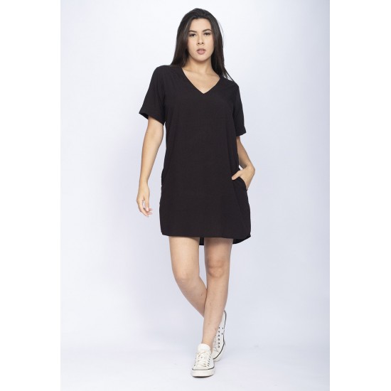 Vestido Curto Gola V Viscose com Bolso Preto
