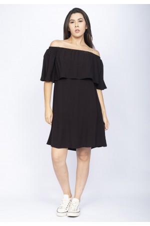 Vestido Curto Cabiúna Viscose Ombro a Ombro Babados Preto