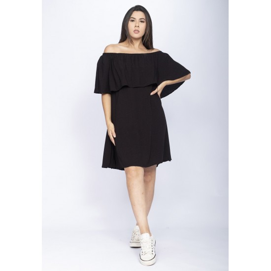 Vestido Curto Cabiúna Viscose Ombro a Ombro Babados Preto