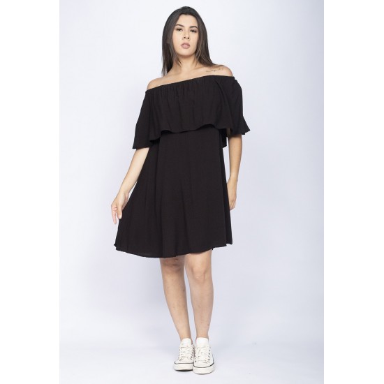 Vestido Curto Cabiúna Viscose Ombro a Ombro Babados Preto