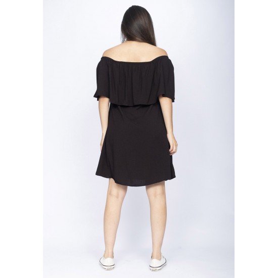 Vestido Curto Cabiúna Viscose Ombro a Ombro Babados Preto