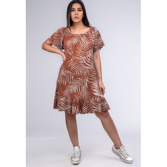 Vestido Curto Malha Mullet Ombro a Ombro Amplo Estampa Palmas da Terra