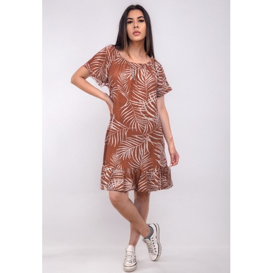 Vestido Curto Malha Mullet Ombro a Ombro Amplo Estampa Palmas da Terra