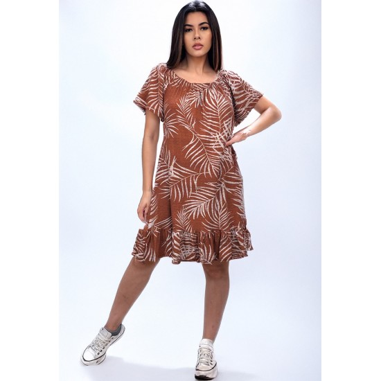 Vestido Curto Malha Mullet Ombro a Ombro Amplo Estampa Palmas da Terra