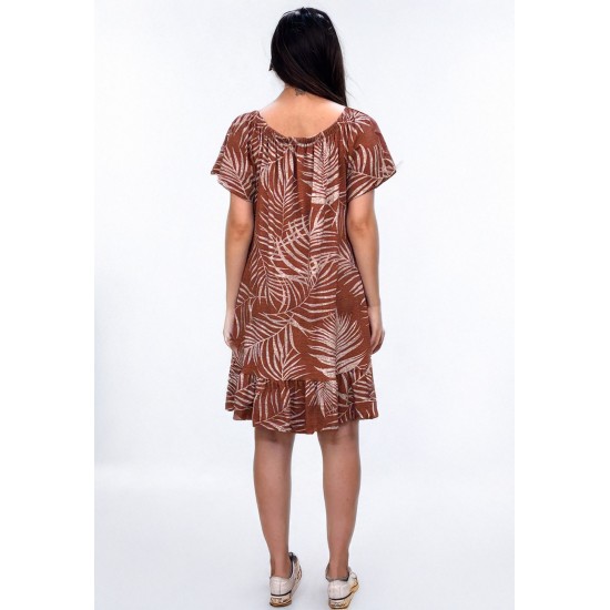 Vestido Curto Malha Mullet Ombro a Ombro Amplo Estampa Palmas da Terra