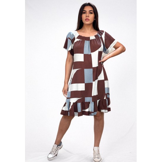 Vestido Curto Malha Mullet Ombro a Ombro Amplo Estampa Santa Rosa do Tocantis