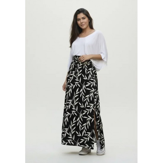Saia Longa Viscose Folhagem Serena Preta