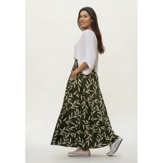 Saia Longa Viscose Folhagem Serena Musgo