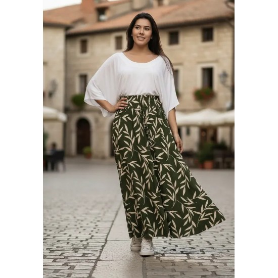 Saia Longa Viscose Folhagem Serena Musgo
