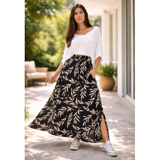 Saia Longa Viscose Folhagem Serena Preta