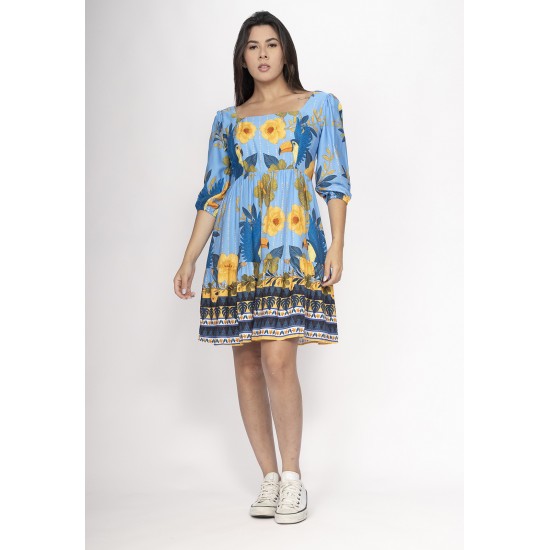 Vestido Curto Manga 3/4 Estampa Aves em Festa