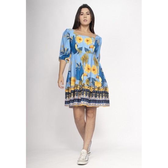 Vestido Curto Manga 3/4 Estampa Aves em Festa