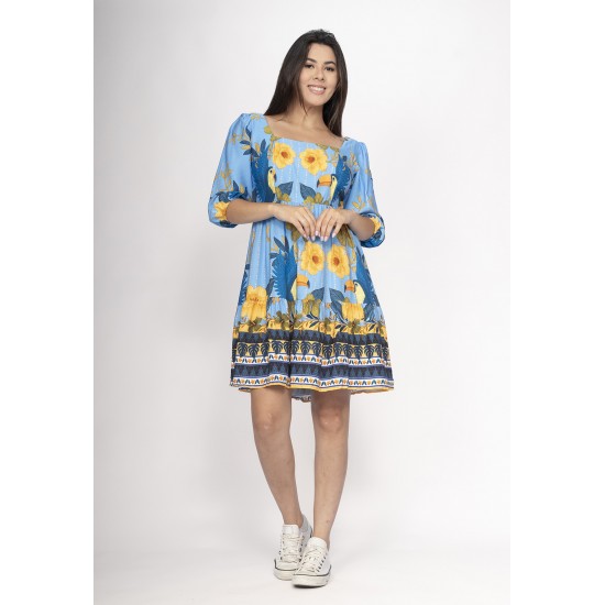 Vestido Curto Manga 3/4 Estampa Aves em Festa