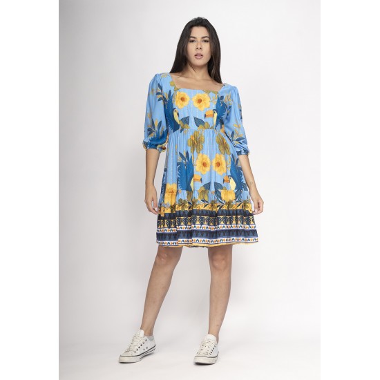 Vestido Curto Manga 3/4 Estampa Aves em Festa