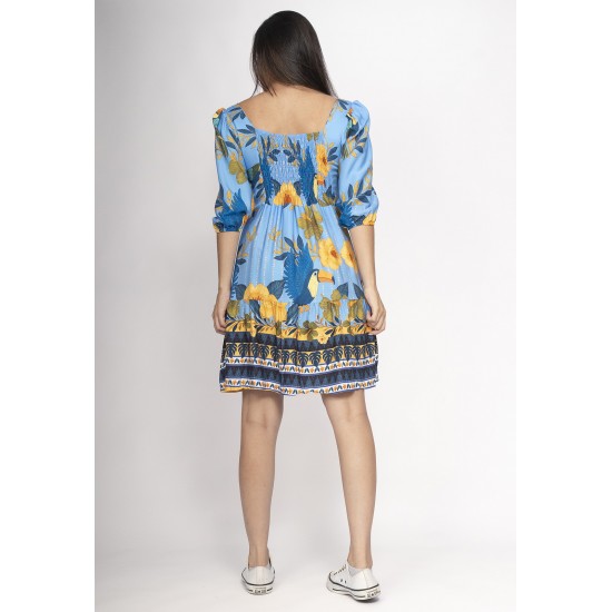 Vestido Curto Manga 3/4 Estampa Aves em Festa