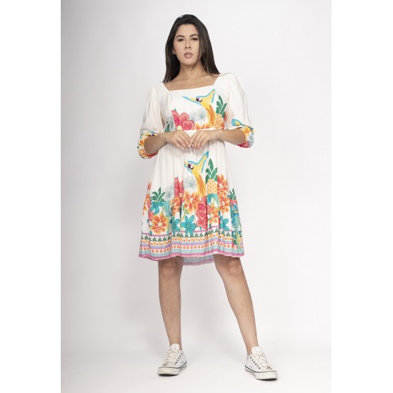 Vestido Curto Manga 3/4 Estampa Raízes em Festa