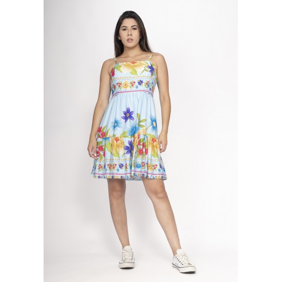 Vestido Curto Alça Fina Estampa Jardim Azul