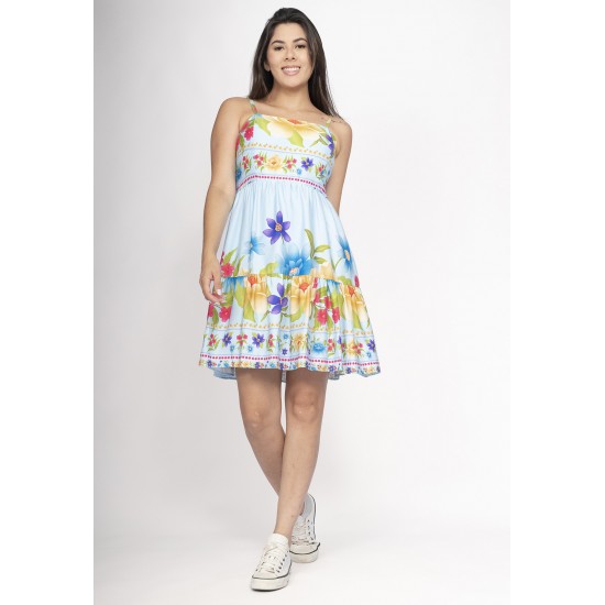 Vestido Curto Alça Fina Estampa Jardim Azul