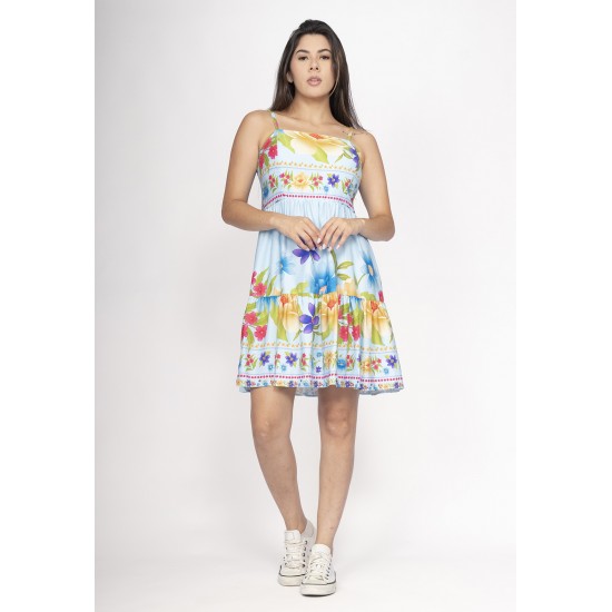 Vestido Curto Alça Fina Estampa Jardim Azul