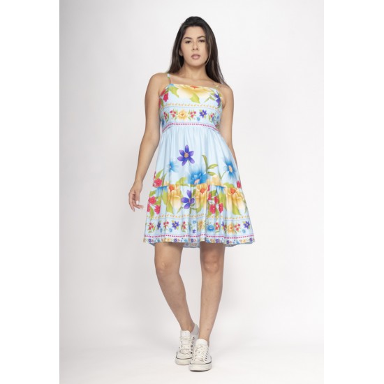 Vestido Curto Alça Fina Estampa Jardim Azul