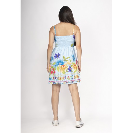 Vestido Curto Alça Fina Estampa Jardim Azul