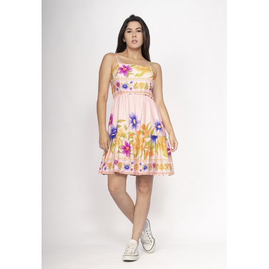 Vestido Curto Alça Fina Estampa Jardim Rosa