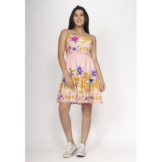 Vestido Curto Alça Fina Estampa Jardim Rosa
