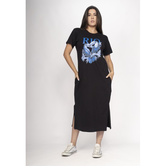 Vestido Midi Algodão Manga Curta Araras RIO Sombra da Mata