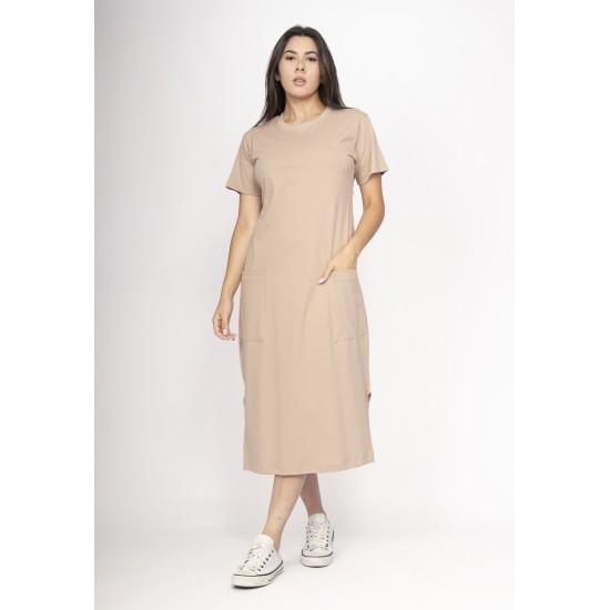 Vestido Midi Algodão Manga Curta 02 Bolsos Areia Serena