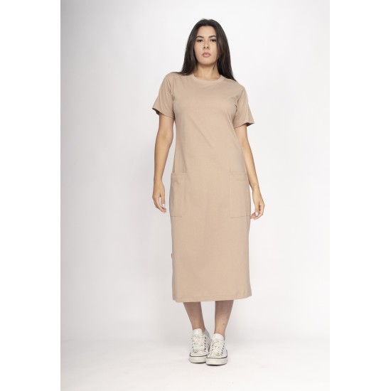 Vestido Midi Algodão Manga Curta 02 Bolsos Areia Serena