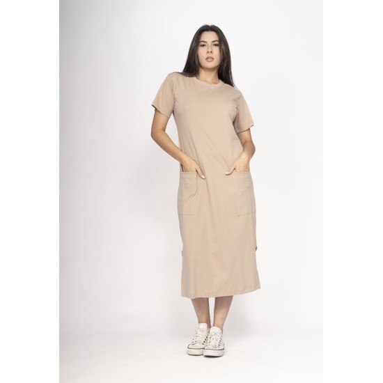Vestido Midi Algodão Manga Curta 02 Bolsos Areia Serena