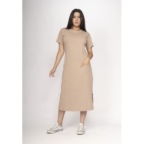 Vestido Midi Algodão Manga Curta 02 Bolsos Areia Serena