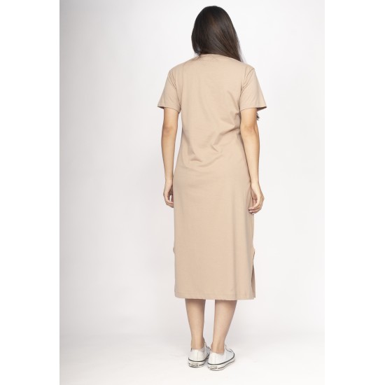 Vestido Midi Algodão Manga Curta 02 Bolsos Areia Serena