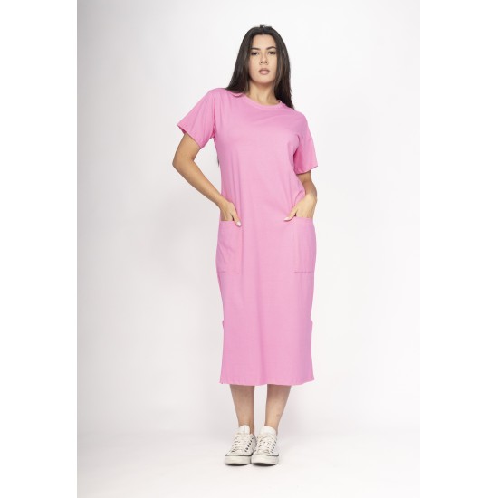 Vestido Midi Algodão Manga Curta 02 Bolsos Rosa Vitória-Régia