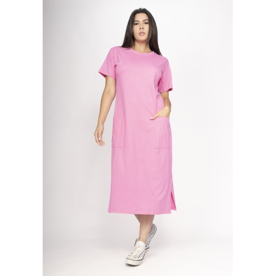 Vestido Midi Algodão Manga Curta 02 Bolsos Rosa Vitória-Régia