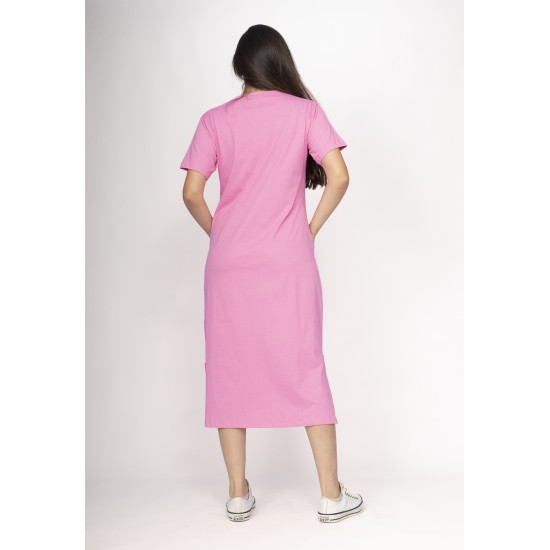 Vestido Midi Algodão Manga Curta 02 Bolsos Rosa Vitória-Régia