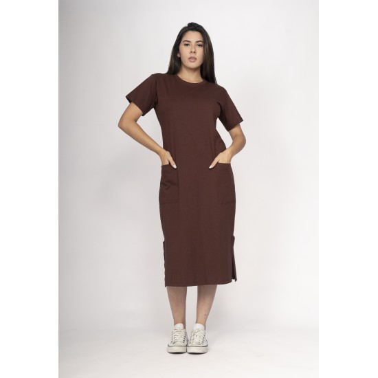 Vestido Midi Algodão Manga Curta 02 Bolsos Cacau Nativo