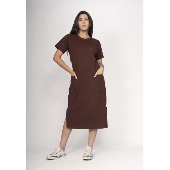 Vestido Midi Algodão Manga Curta 02 Bolsos Cacau Nativo