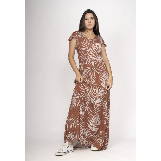 Vestido Amanara Longo Malha Estampa Palmas da Terra