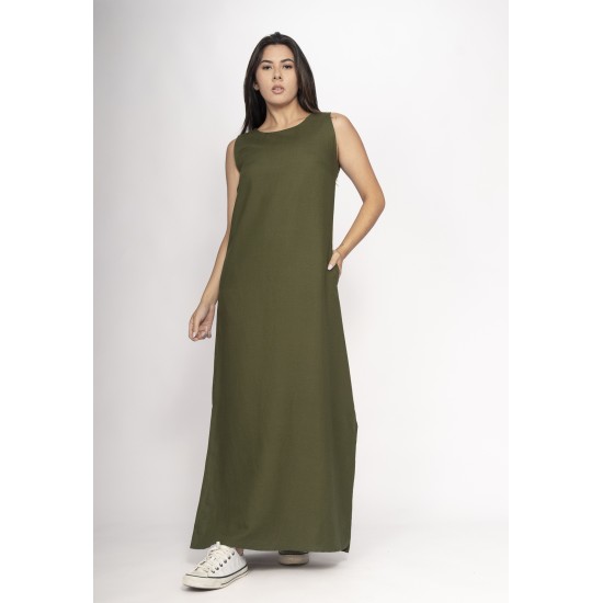 Vestido Longo Linho com Viscose com Bolso Verde