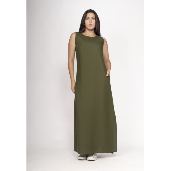 Vestido Longo Linho com Viscose com Bolso Verde